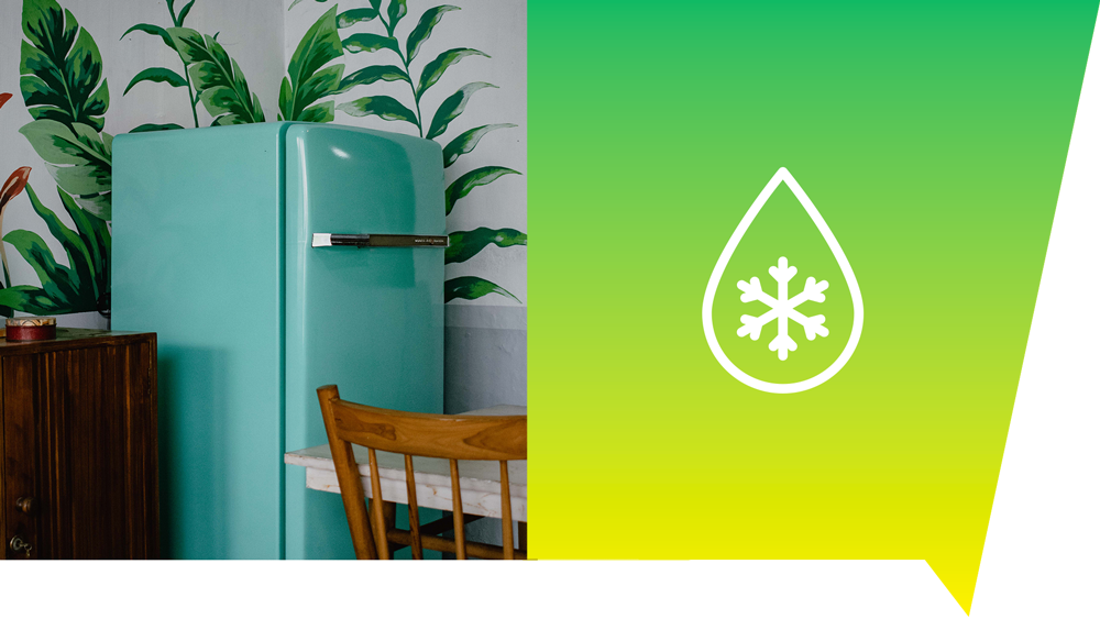 grüner kühlschrank und schneeflocke symbol